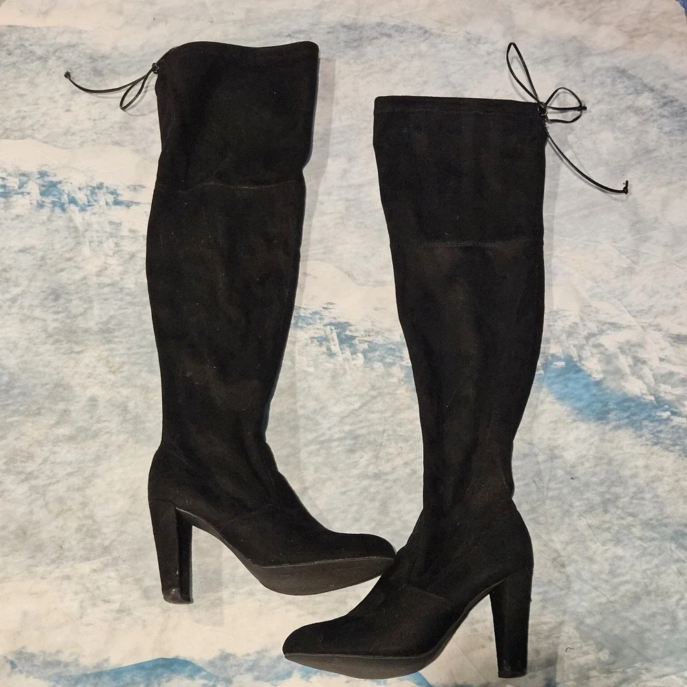 Women's Size 8 Black Over The Knee Boots Block Heel Back Tie Zip Faux Suede